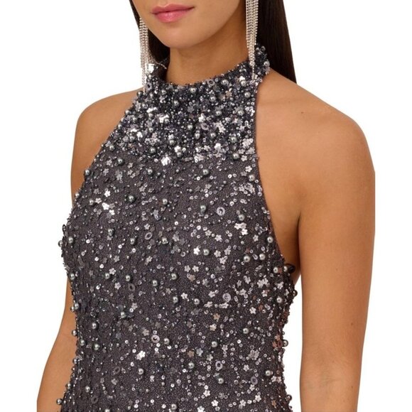 Aidan Adrianna Papell Size 2 Gray Beaded Sequin Halter Cocktail Dress Homecoming - Picture 4 of 12